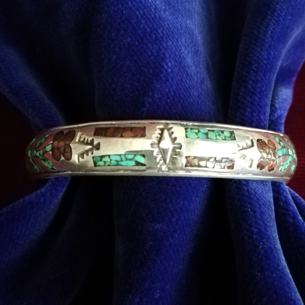 Vintage Nakai Inlaid & Stamped Cuff Bracelet